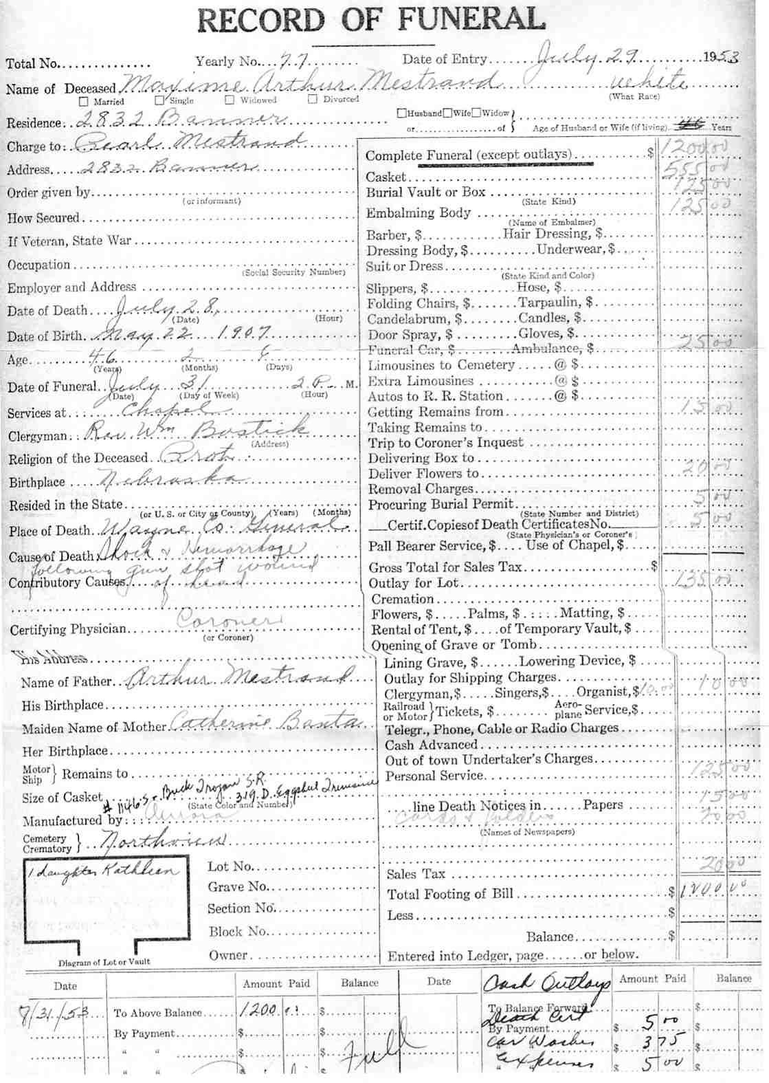 Avis d'inhumation de Maxime MESTRAUD (Record of Funeral of Maxime MESTRAUD)