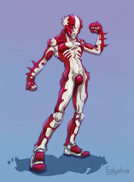 red and white demon with four eyes, ninja warrior, seaman, Japanese super hero, Guyver style, battle suit, speed drawing