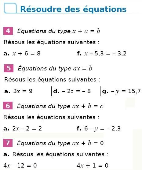Exercices de base - équations - manuel sésamath
