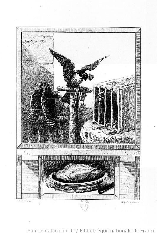 Gravure fables de La Fontaine : Le faucon et le chapon