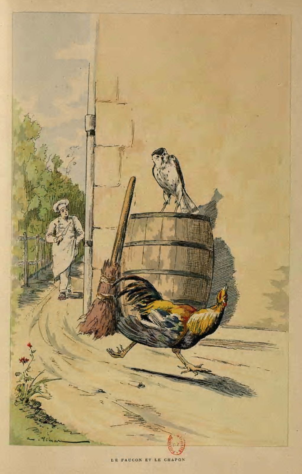 Illustration-dessin-image couleur fable de La Fontaine : le faucon et le chapon