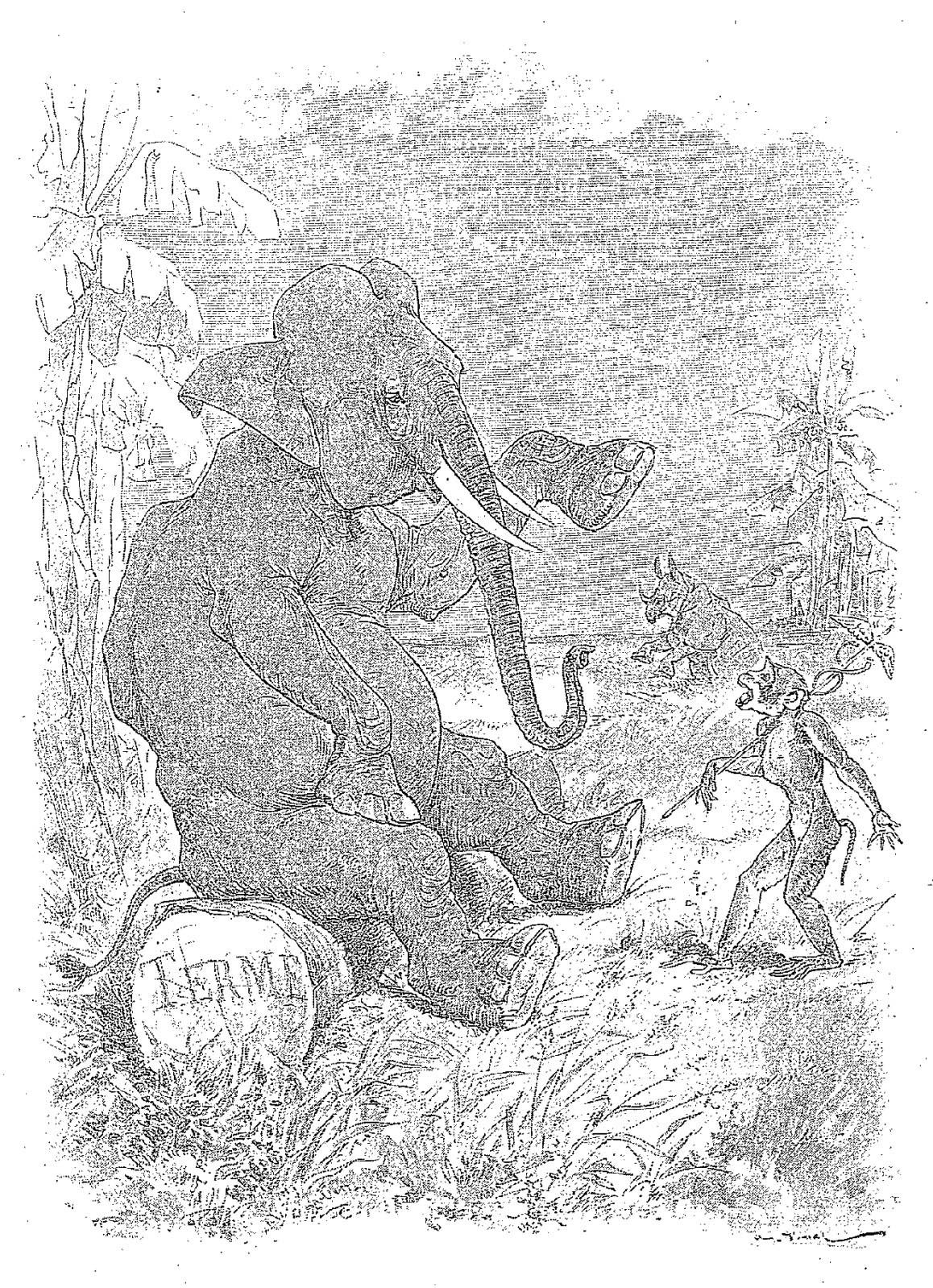 Illustration dessin Vimar fable de La Fontaine l elephant et le singe de jupiter