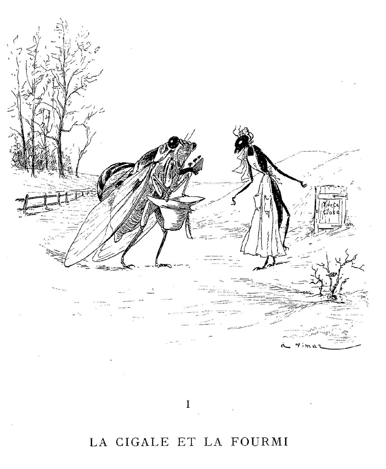 Illustration dessin Vimar fable de La Fontaine la cigale et la fourmi