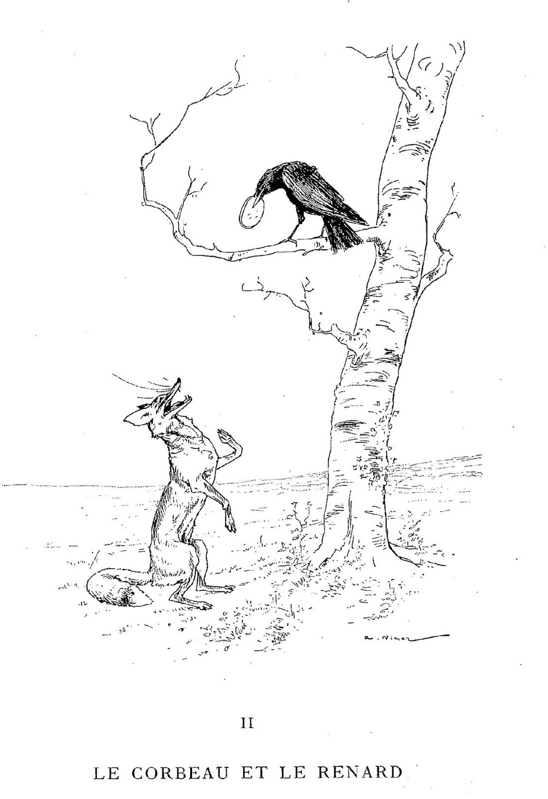 Illustration dessin Vimar fable de La Fontaine le corbeau et le renard