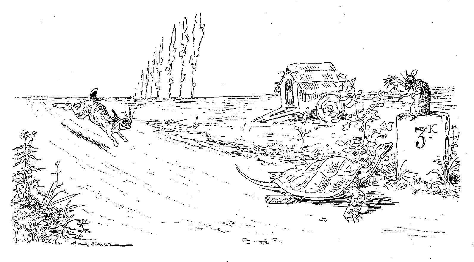 Illustration dessin Vimar fable de La Fontaine le lievre et la tortue