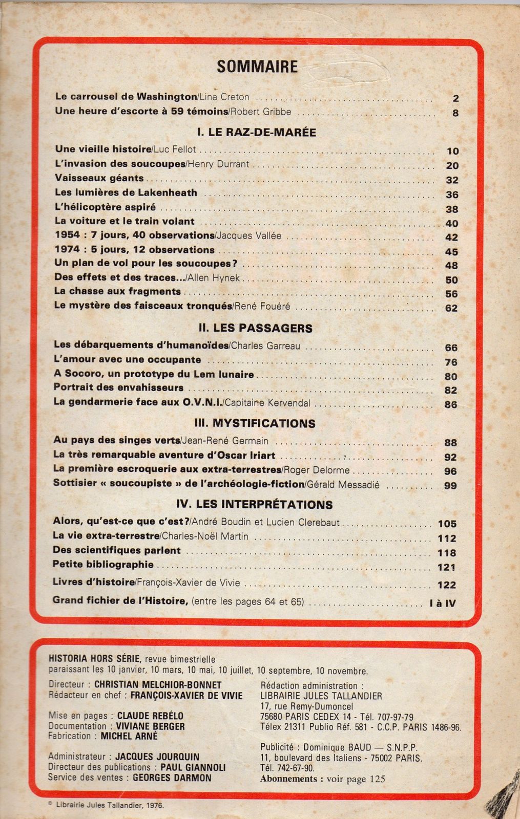 (1976) : HISTORIA Hors série, Les soucoupes volantes. Sommaire