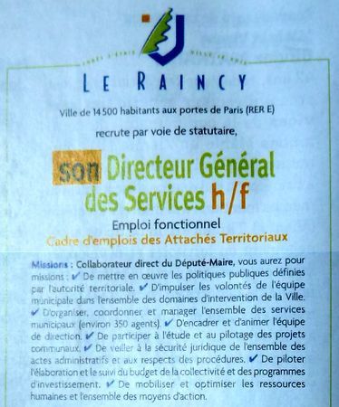 Le Raincy annonce recrutement DGS