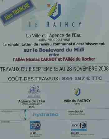 Photo Raincy-Nono : panneau du chantier des travaux du bd du Midi