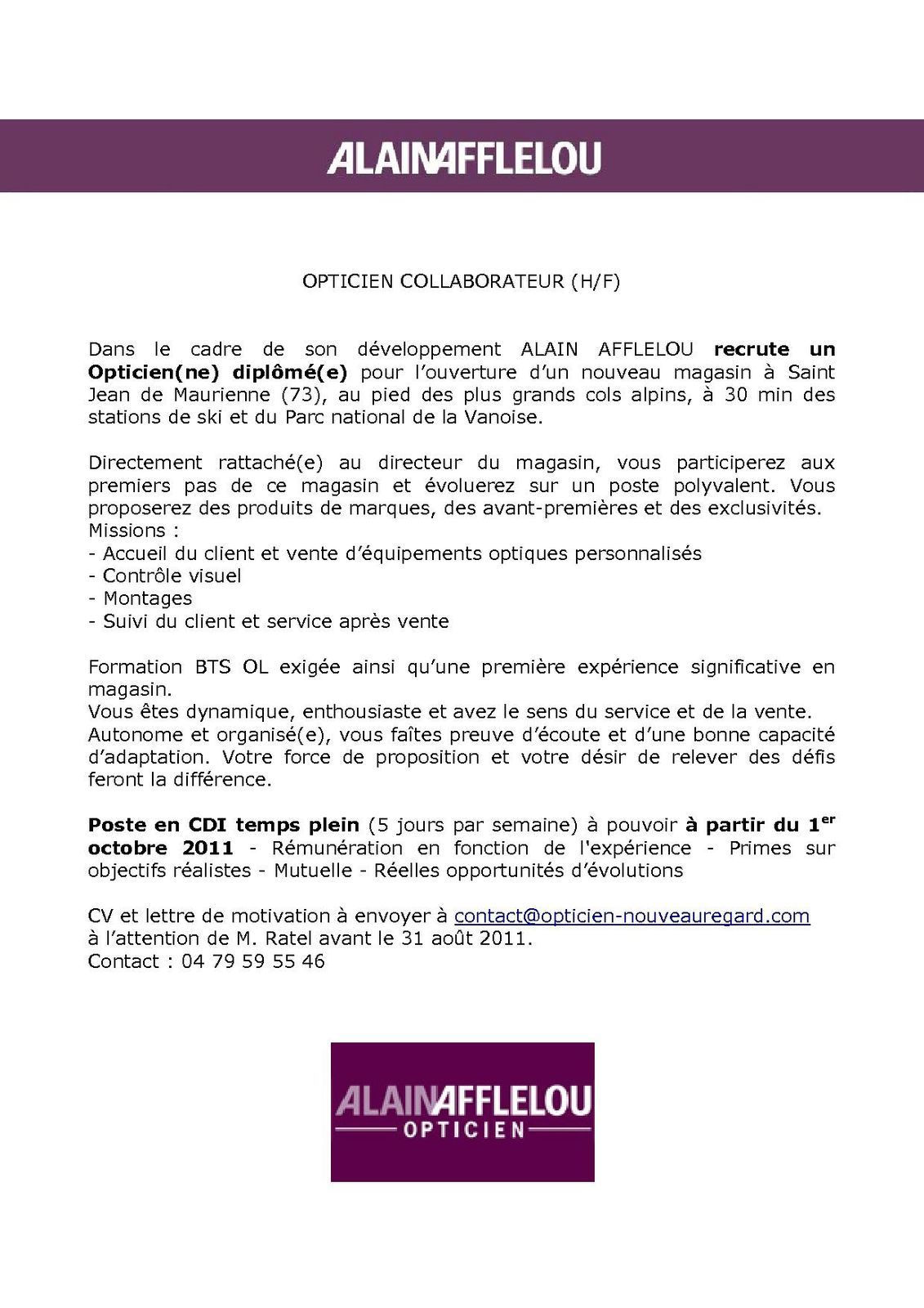 Offre d'emploi Opticien Lunetier H/F Béziers et alentours sur Emploi LR