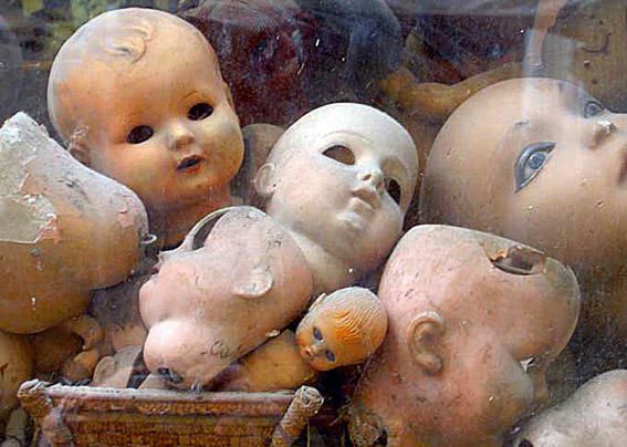 photo de têtes de poupées anciennes dans une vitrine à Rome, photo dominique houcmant aka goldo graphisme