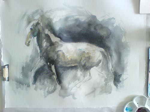 Aquarelle cheval gris colorées