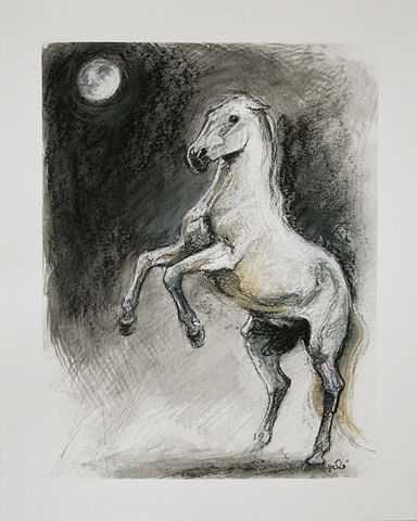 Cheval qui se cabre devant la lune