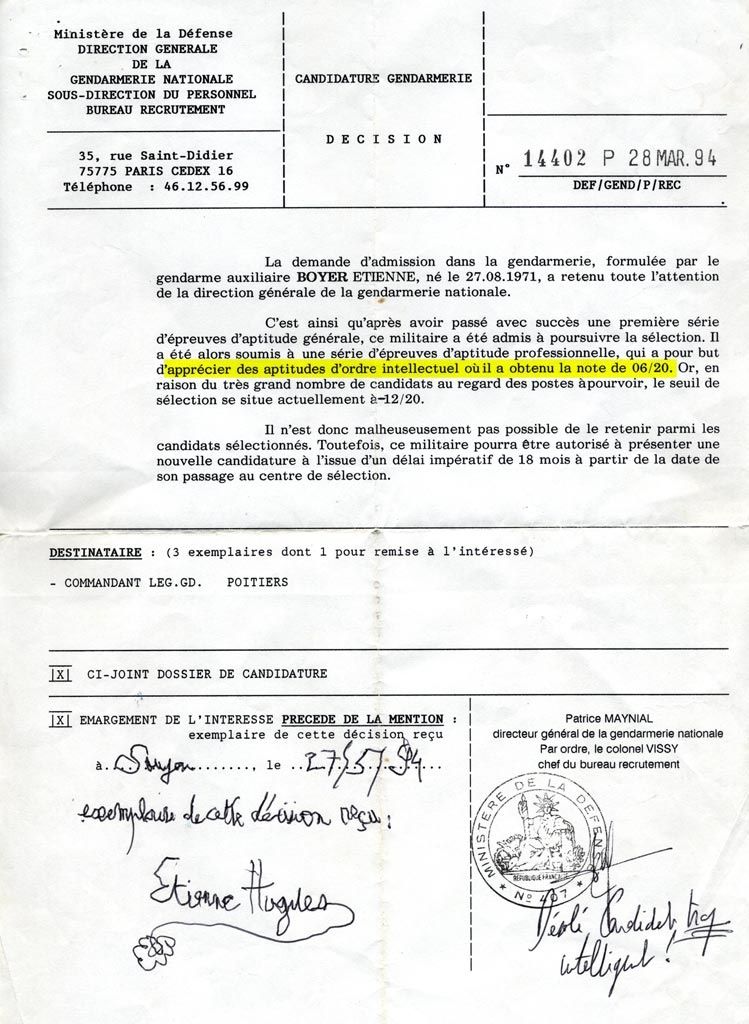 Recalé à la gendarmerie pour cause de QI déficient !!! Recalé à la gendarmerie pour cause de QI déficient !!!