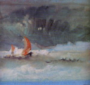 Turner : "Orage en mer" - 1830 - L'air et l'eau en mouvement... La lumière s'est perdue ; le feu d'une voile la ranime...