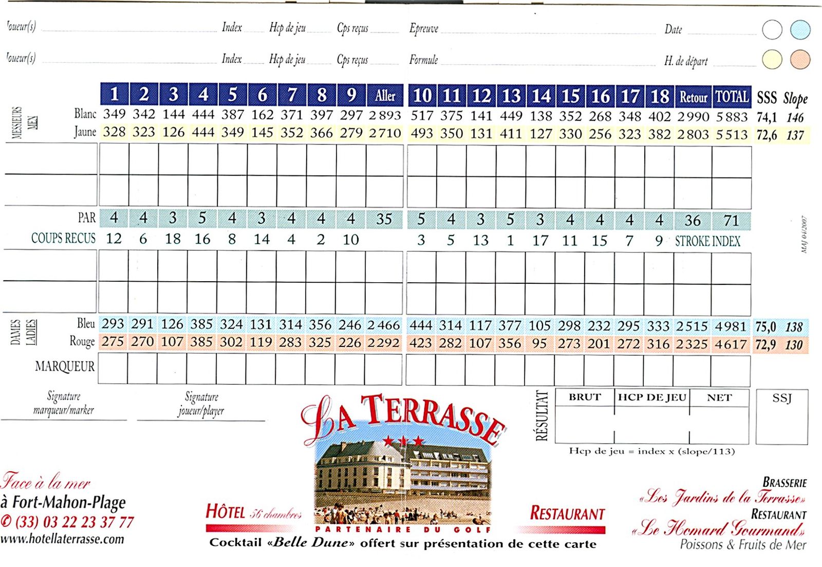 La Carte de Score d'une partie de Golf - www.planete-golf.com