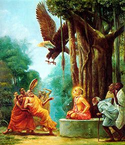 Cette illustration (contée dans le Caitanya caritamrita) est l'histoire de la conversion des bouddhistes venus pour offrir de la nourriture contaminée à Chaitanya Mahaprabhu et qui, après avoir été punis, au cours d'une action miraculeuse accomplie par un aigle et après que leur leader eut reçu un plat sur la tête, furent ensuite convertis au vaisnavisme par Chaitanya Mahaprabhu.