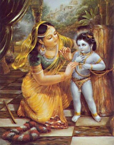 Mère Yashoda essaie de lier avec une corde Sri Krishna, Damodara, au mortier. 