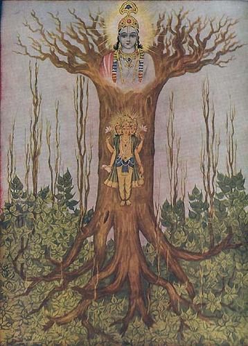 "Il existe un arbre banian, un arbre dont les racines pointent vers le haut, et vers le bas pointent les branches; ses feuilles sont les hymnes védiques. Qui le connaît, connaît les Vedas." Krishna dans la Bhagavad-gita {15.1}