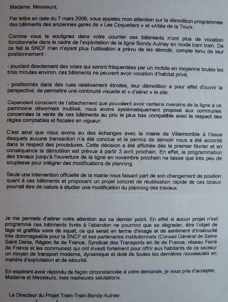 réponse de la SNCF, courrier du 17 mars 2006