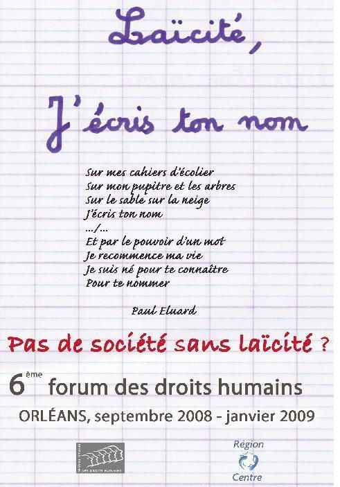 6ème forum des droits humains à Orléans : Laïcité, j'écris ton nom -  monstjeandebraye