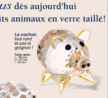 Publicité des Editions Atlas pour des petits animaux en verre taillé, dont un cochon