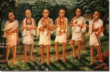 Les six gosvamis de Vrndavana : Sri Rupa et Sri Sanatana Gosvami (au centre) entourés de Raghunatha das Gosvami, Raghunatha Bhatta Gosvami, Gopal Bhatta Gosvami et Jiva Gosvami