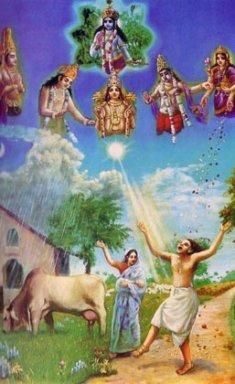 Les Devas: Tout en haut se trouve Krishna qui règne sur les dévas. De gauche à droite: Candra, le déva de la lune; Indra, de la pluie; Surya, du soleil; Vayu, du vent et Laksmi la déesse de la fortune