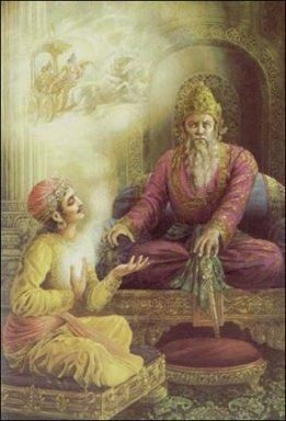 Dhritarastra s'entretenant avec Sanjaya de la situation sur le champ de bataille de Kurukshetra (lieu où se déroula la Bhagavad-gita).