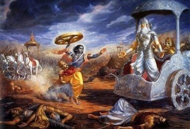 Sur le champ de bataille de Kurukshetra, Krishna, pour protéger Arjuna, brise sa promesse de ne pas combattre et fait face à Bhisma.