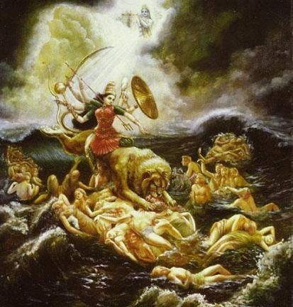 Durga, appelée aussi Kali, a pour fonction sous l'égide du Seigneur (Krishna) de punir les âmes conditionnées, de les soumettre aux diverses souffrances et tribulations inhérentes à l'univers matériel. Dès que les êtres harassés par elle, las de souffrir décide de se tourner vers le Seigneur Suprême Krishna, ils deviennent libérés.