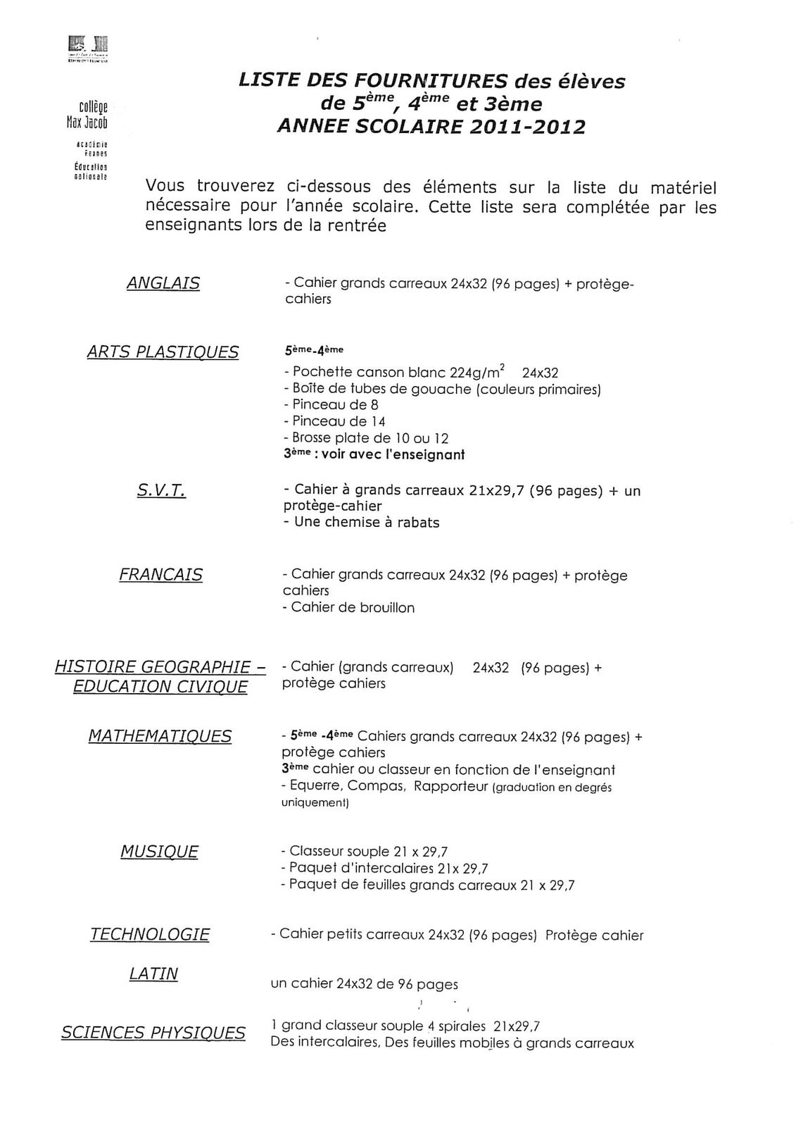 Liste des fournitures scolaires Collège Max-Jacob - Penhars Infos Quimper