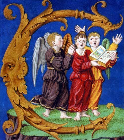 174 anges decorate the letter C in the illuminated manuscri