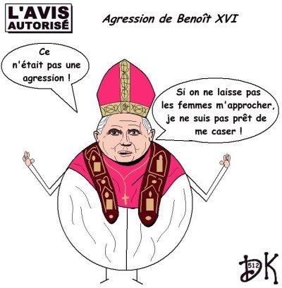 Tags : Pape Benoît XVI, Benoit 16, Benedict, agression, Noël, femme, italo-suisse, amour, mariage, dessin humoristique, gag religieux, image, humour, parodie, caricature, joke drôle, Dk, Vatican, messe, catholique