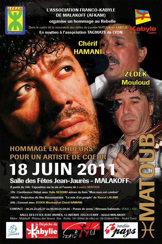 Concert de ZEDEK Mouloud et Chérif HAMANI en hommage à Matoub le 18 juin à  Malakoff - Tadukli, le Kabyle Magazine