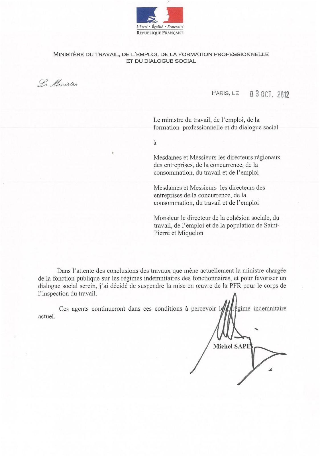 SYNTEF-CFDT - Lettre du Ministre du travail -PFR - 3 octobr