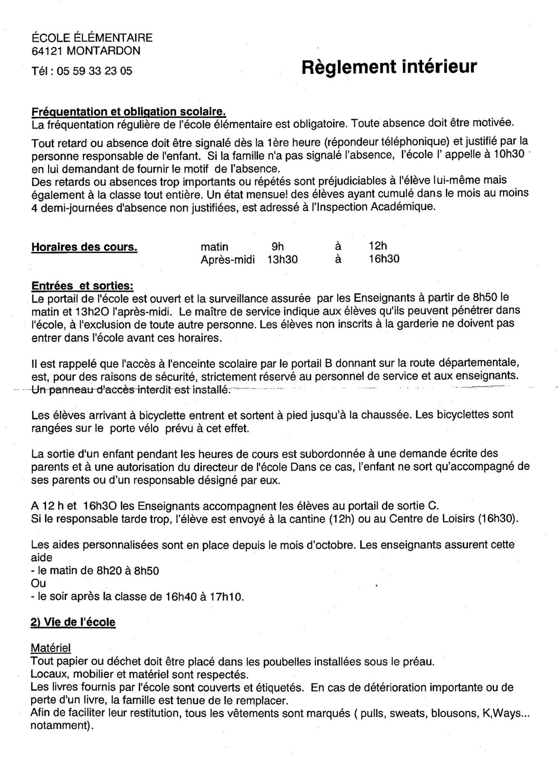 Règlement Intérieur Ecole primaire - Association Parents d'Elèves Montardon