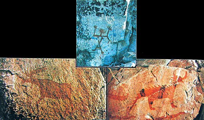 Ces trois images représentent des peintures sur pierre 