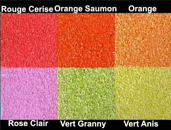 Sable coloré du site Galeïce sur papier adhésif de couleurs rouge cerise, orange saumon, orange, rose clair, vert granny, vert anis
