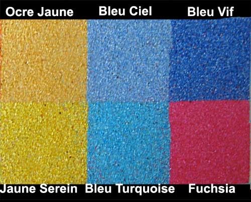 Sable coloré sur papier adhésif, ocre jaune, bleu ciel, bleu vif, jaune serein, bleu turquoise, fuchsia