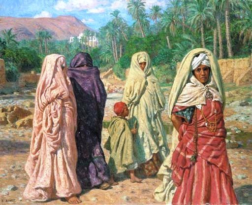 Dinet Femmes traversant le lit asseche de l'oued Bou-Saada