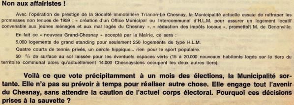 Tract de la gauche du Chesnay pour les élections municipales de 1965