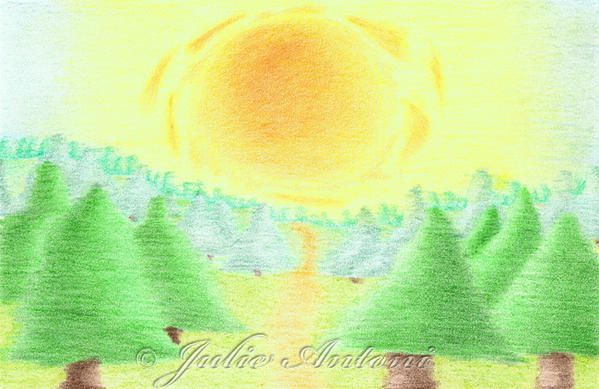 dessin aux crayons de couleur d'un paysage forêt avec sapin et chemin avec soleil