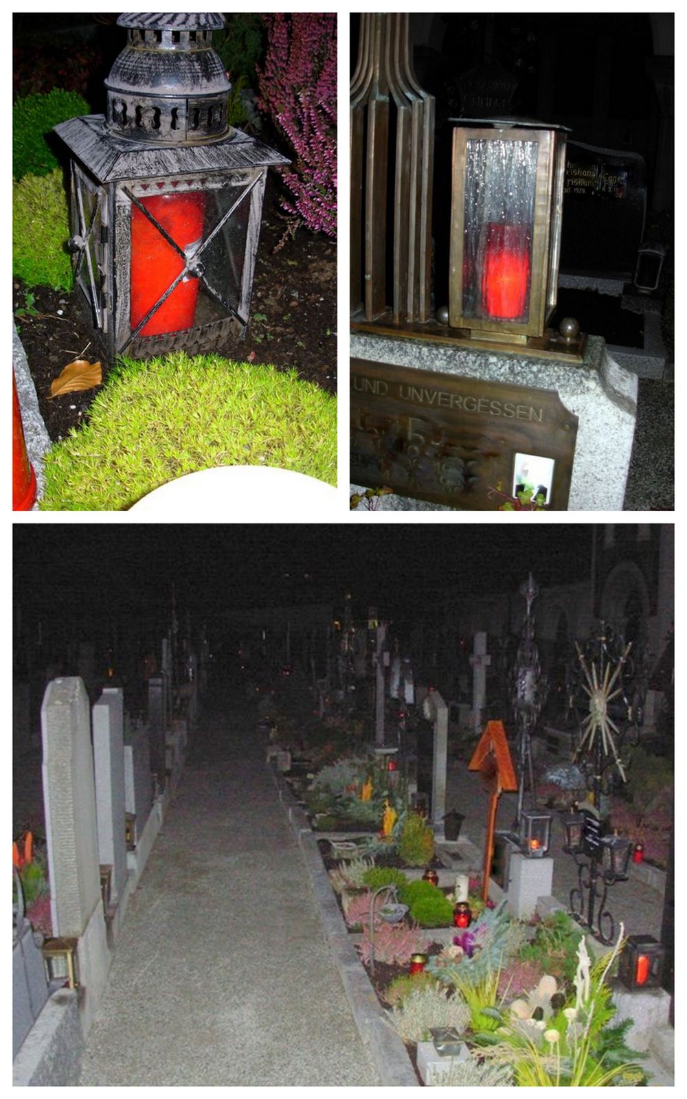 Une femme met une lanterne de bougie à la tombe du cimetière