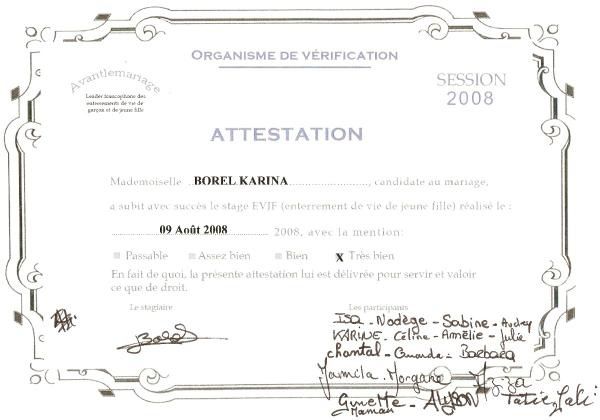 Attestation de l'EVJF - Enterrement de vie de jeune fille de Karina