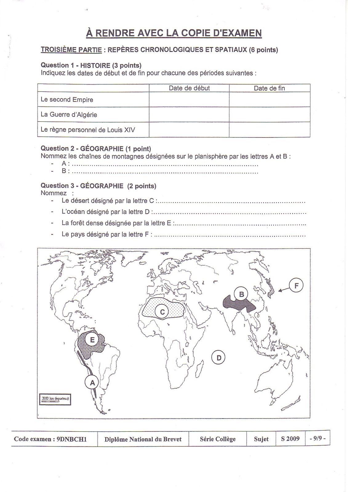 Le sujet et le corrigé du brevet 2009 Repères chronologiques et spatiaux -  Le cartable de M.Orain