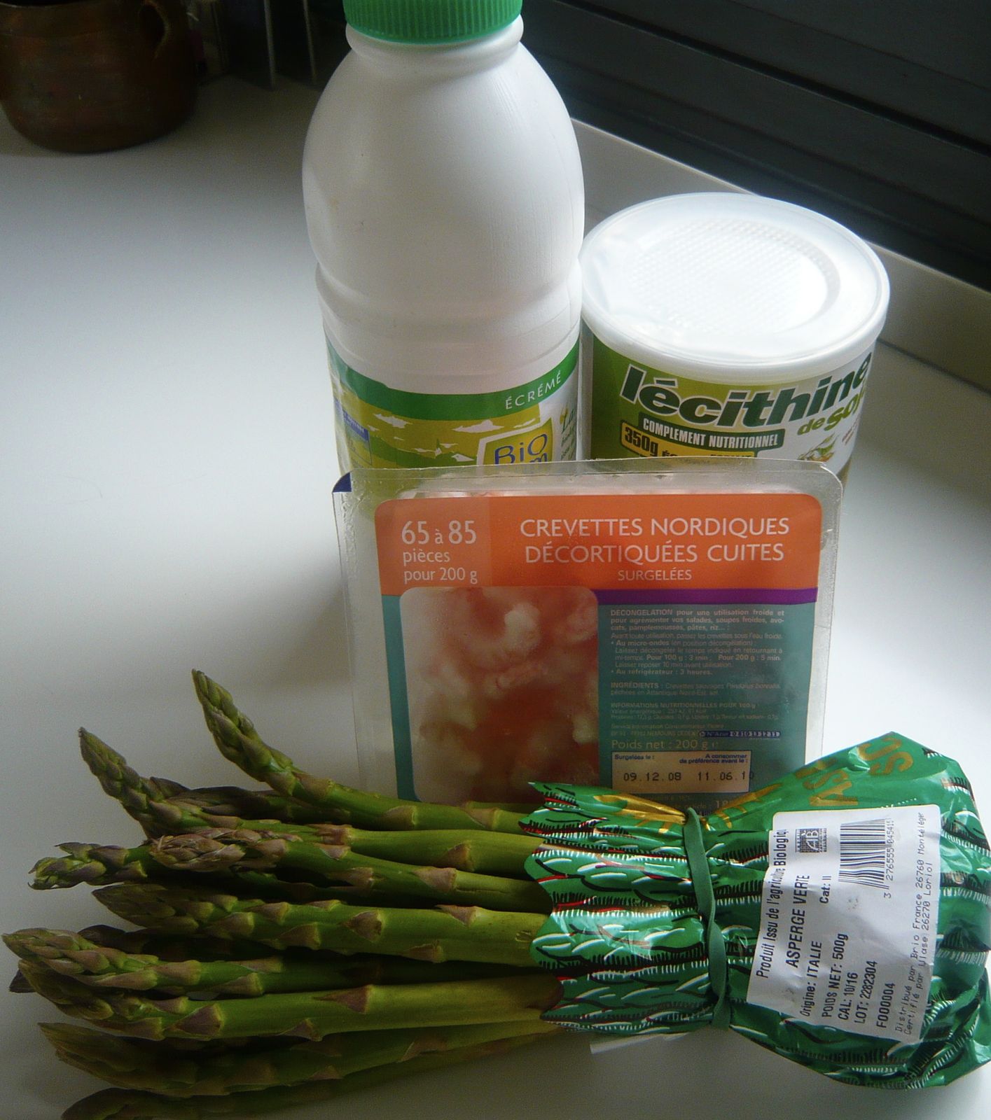 Cappuccino d'Asperges, Emulsion de Crevettes Midori dans sa cuisine !