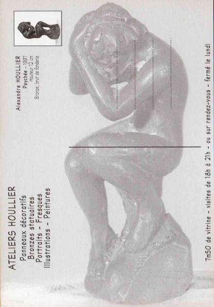 Verso de carte postale d'artiste, le brut de fonderie de la sculpture PSYCHEE, figurine en bronze de 12Cm de haut