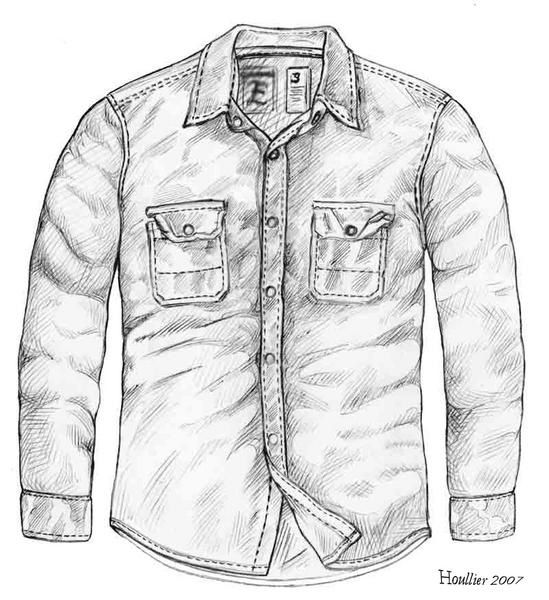 Dessin A4 sur papier, crayonné gris d'une chemise avec des poches.