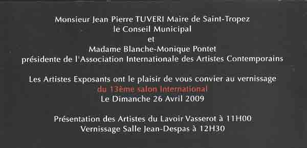 Premier volet verso du carton d'invitation pour le vernissage de l'exposition de peinture à Saint Tropez