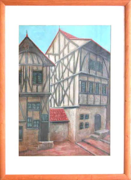 Illustration encadrée sous verre l' '' Alsace '' , peinture d'étude d'une maison et de sa façade à colombages.